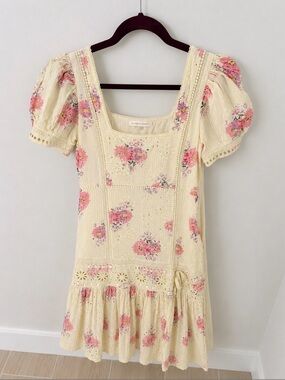 LoveShackFancy Cream Floral Eyelet Mini Dress with Pink Bouquet Print